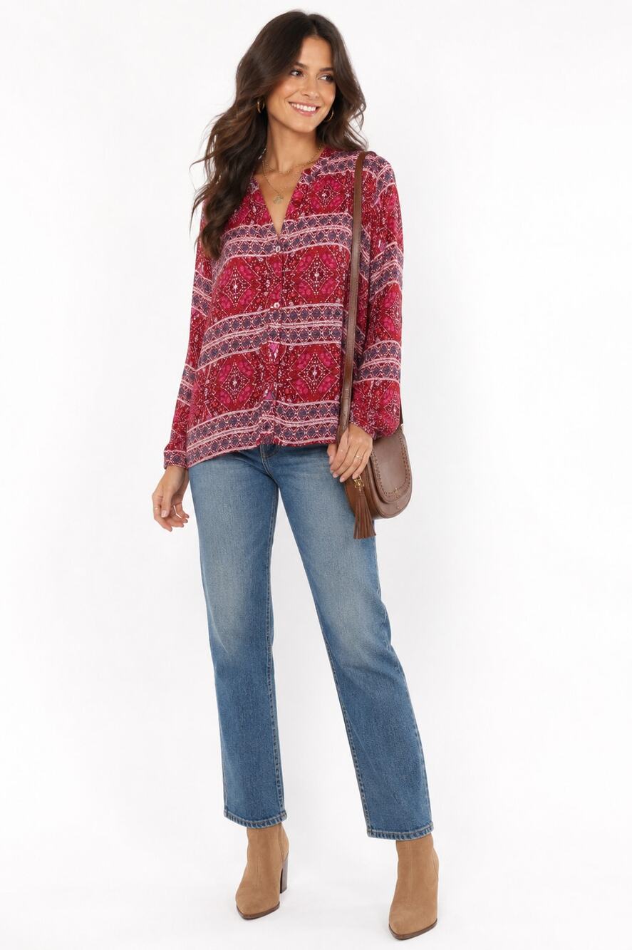 Lucky Brand Red Paisley Print Peasant Blouse Small Boho Long Sleeve Tunic